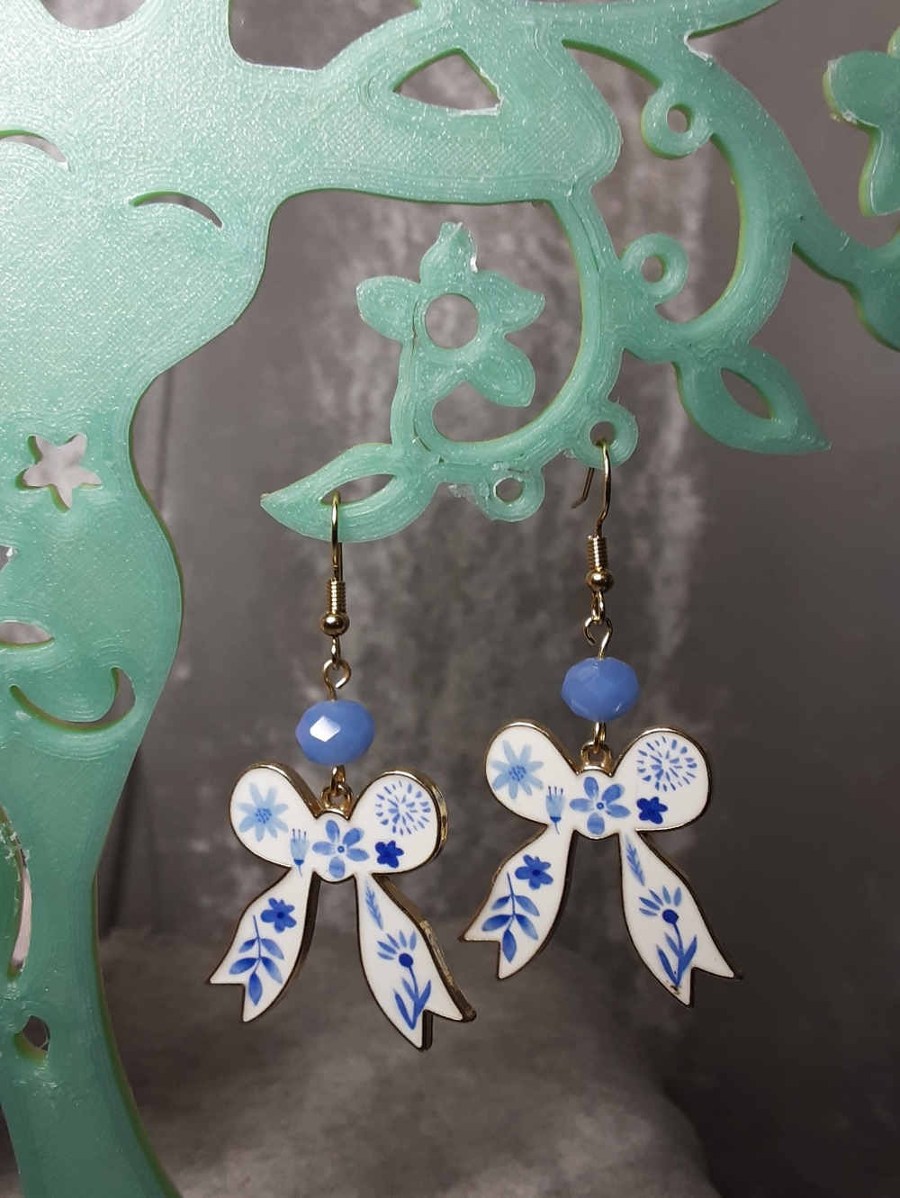 Handmade Blue And White Enamel Bow Earrings